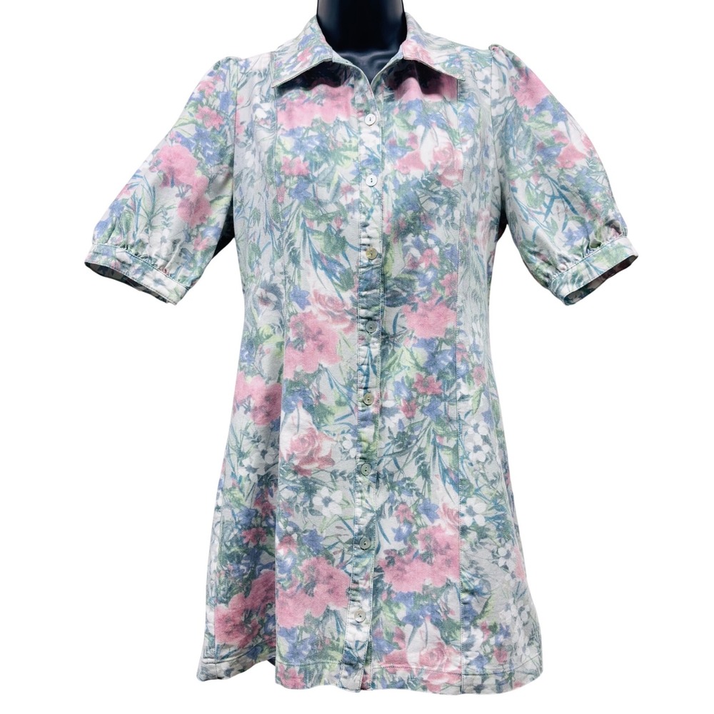 TCEC Womens Floral Button Down Puff Sleeve Mini Dress Pink Blue Green Large